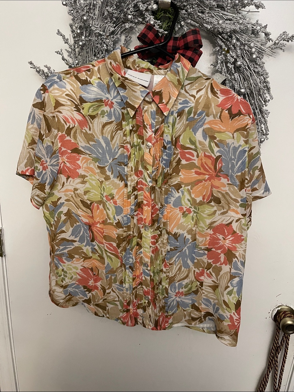Alfred Dunner Floral Short-Sleeve Button Front Blouse - Tan, Blue, Coral, Green